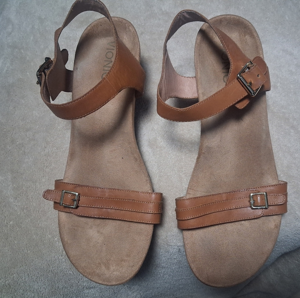 Brown Vionic Leather Wedge Sandals, Size 11